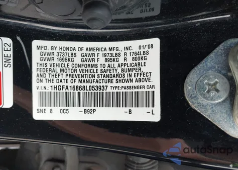 2008 Honda Civic Ex z USA, uszkodzony, nr VIN 1HGFA16868L053937